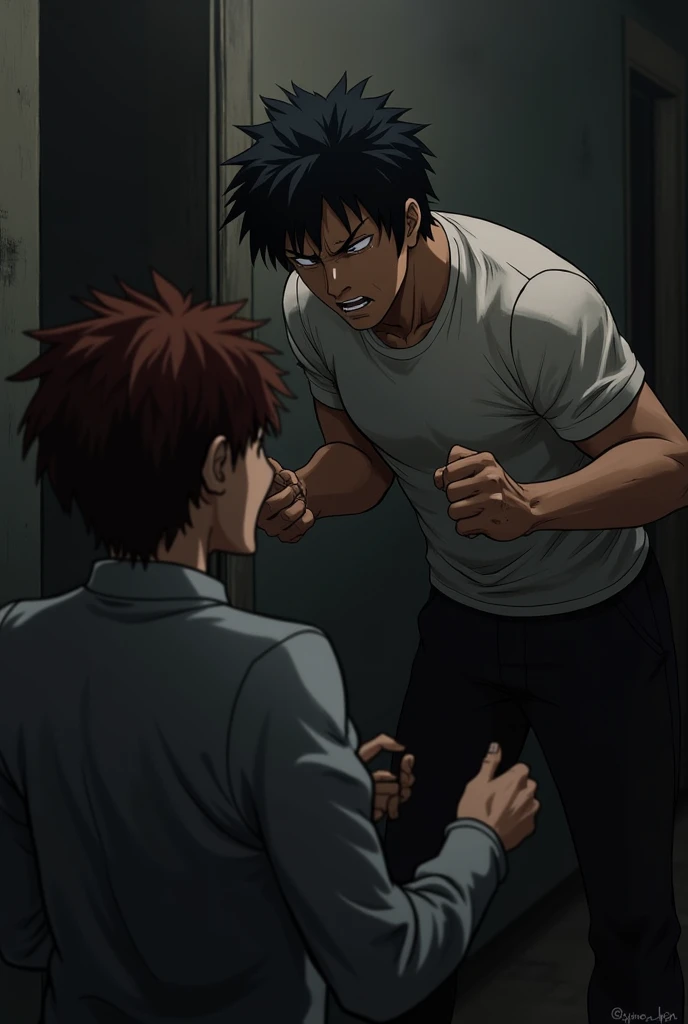 ryomen sukuna from jujutsu kaisen with brown hair and a black beanie fighting an african man anime