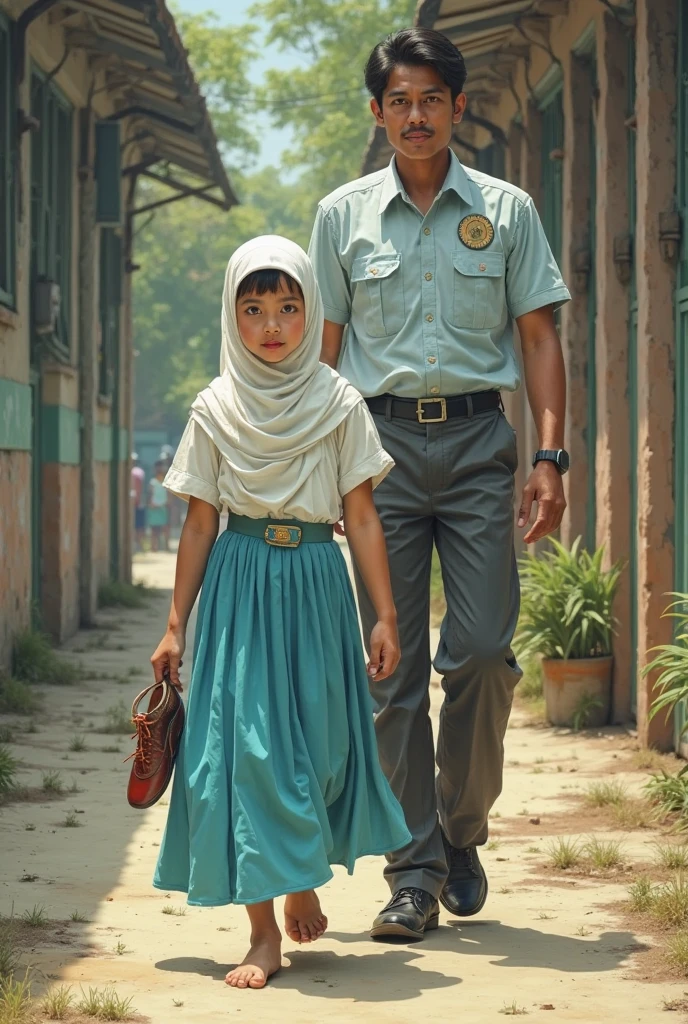 a asian muslim mother holding a bamboo cane chasing a small asian muslim child with an angry face, the running away in fear, detailed facial features, dramatic lighting, cinematic composition, moody atmosphere, high contrast, photorealistic, award winning photograph, 8k, HDR,