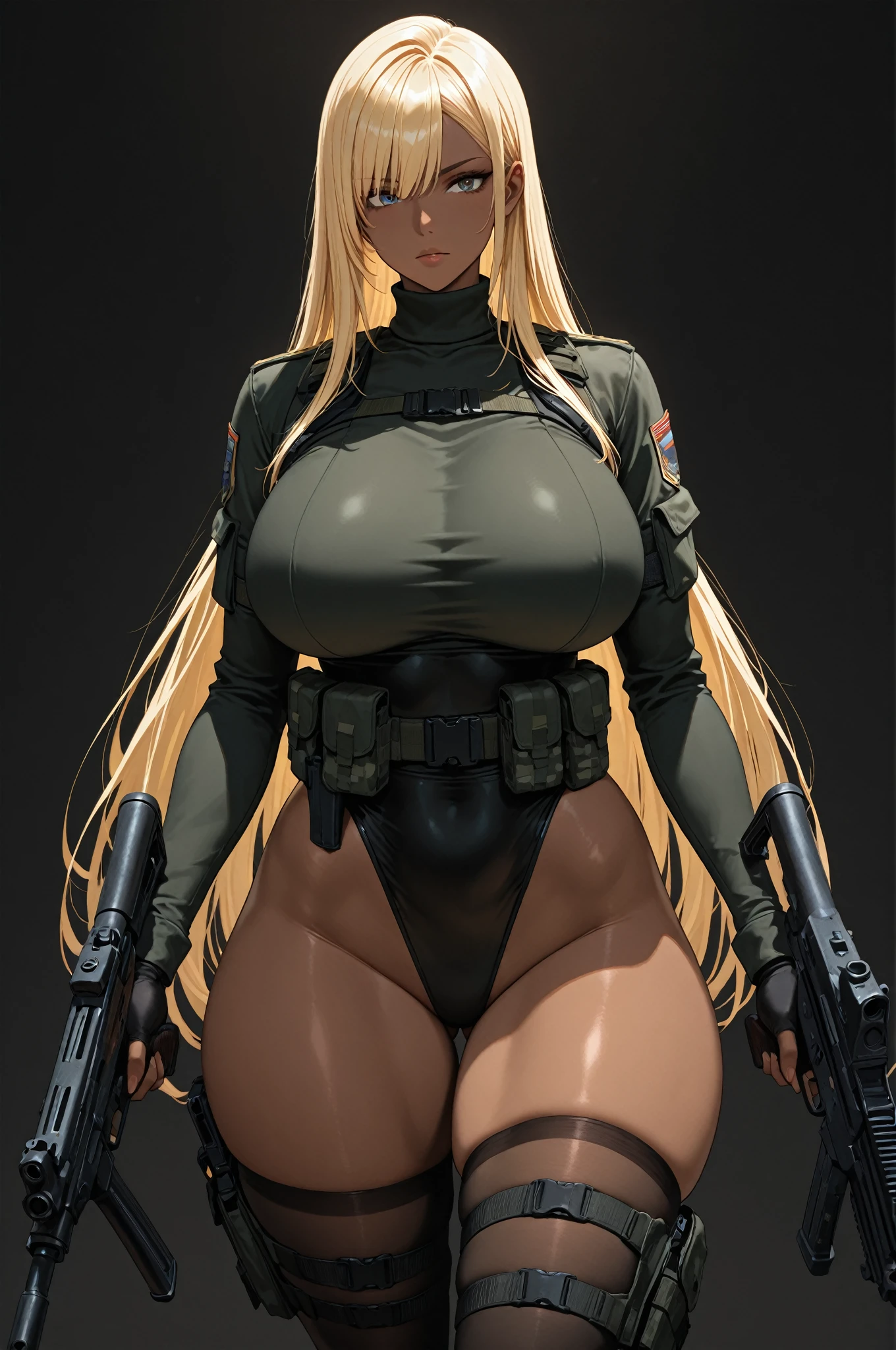 (best quality). (Ultra Detalhado). (1girl), Olhando para o Viewer. (Antecedentes detalhados). belos olhos detalhados. rosto delicado e bonito. (high saturation), seios grandes, droopy breasts, sexy military costume, big breasts, (((breasts Focus))), (((gigantic breasts))), (((off shoulders))), (((sexy soldier costume))),