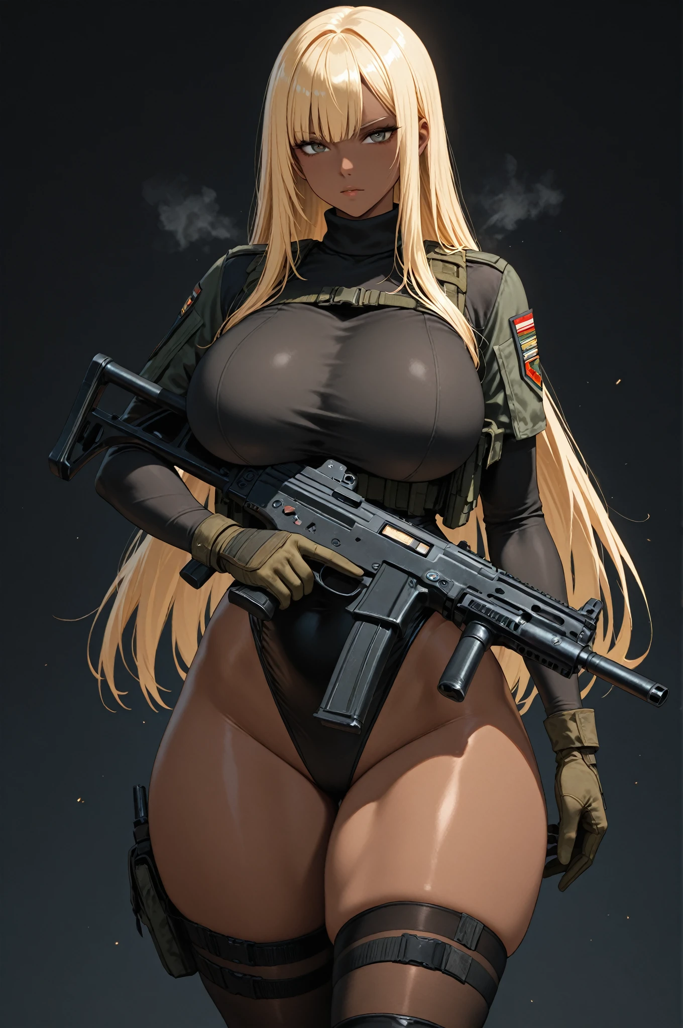 In the ruined city，Sniper rifle，Mecha，battlefield，black stockings，Large Breasts，cleavage