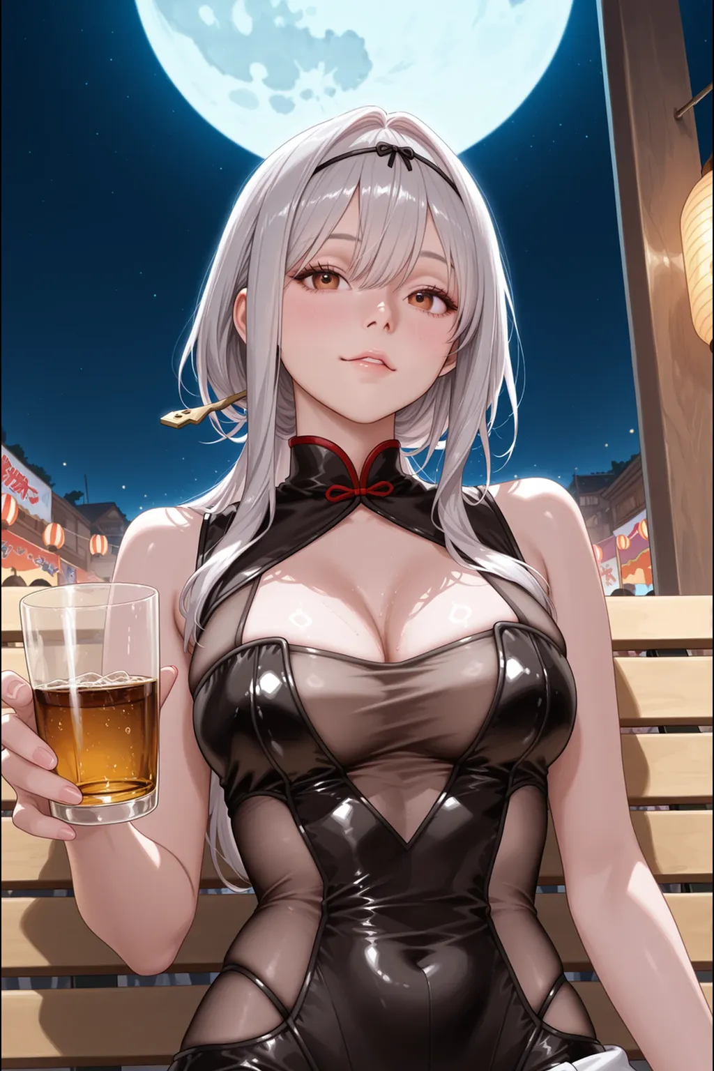 1girl, mature woman, red eyes, silver long hair, big breasts, medieval clothing with a cutout on the chest and areolas and vagina exposed, nude, nsfw, spread vagina, medieval bar, villagers, cheerful atmosphere in the bar, girl serving staff in the bar