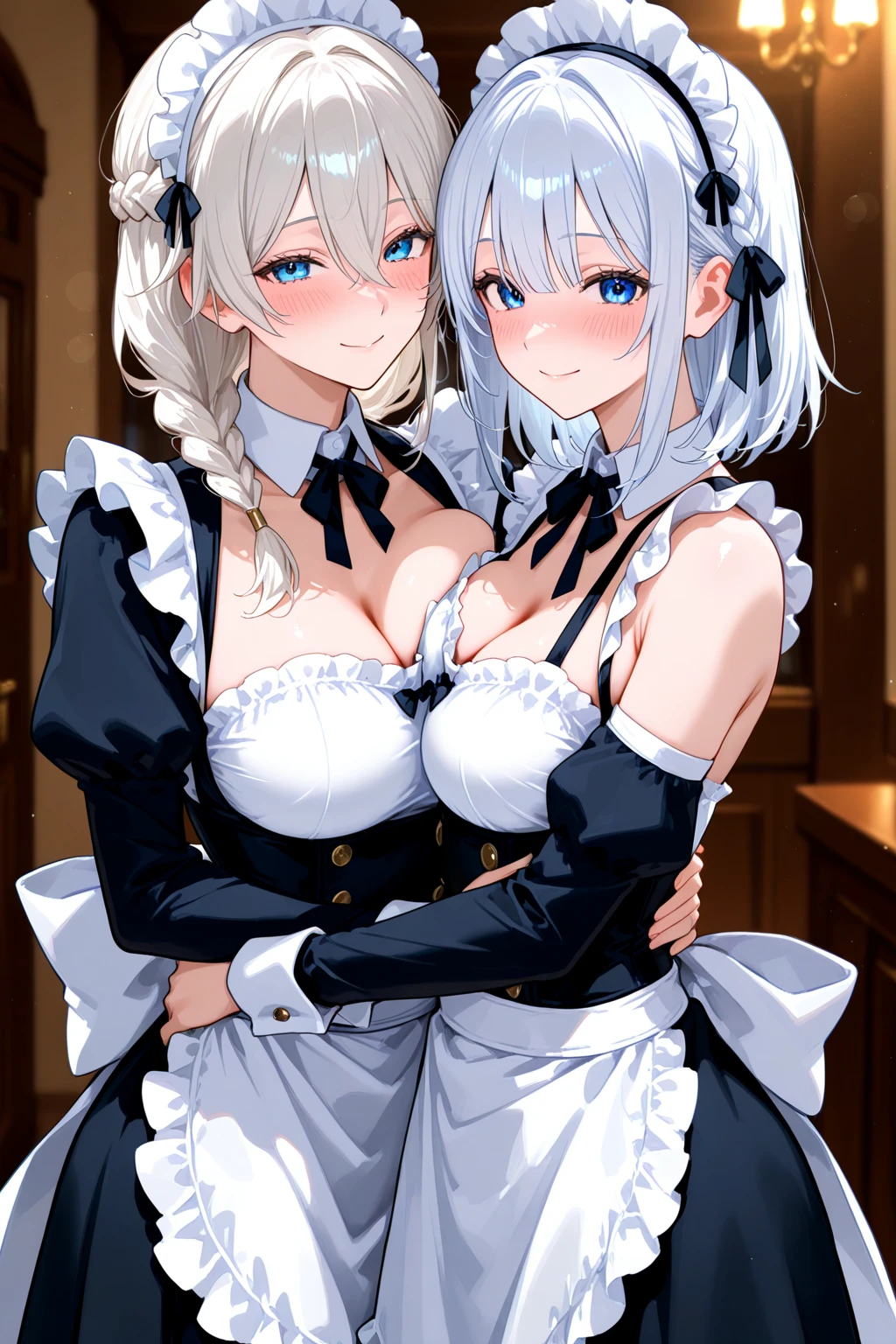 nsfw, 2girls,Mother and daughter maid are both reputed to be beautiful, The mother is a gentle MILF with big breasts, The daughter is a beautiful girl who reminds me of blue fruits, Mysterious and immoral sex appeal, physical relationship between two people, erotic underwear with holes, Garter belt and white tights, slyly look, evil smile, (cruel grin), glaring at us, 