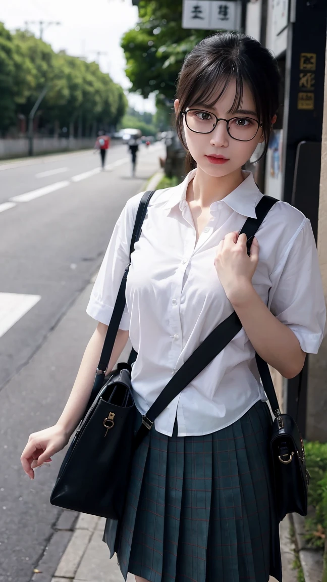 1 boy and 1 girl stand in the street,sawachika eri, brown eyes, hair ribbon,harimakenji, glasses, ,school uniform, red pleated skirt,eri,hairband, looking_at_viewer, serious, gakuran, white_shirt,smile,happy,two persons