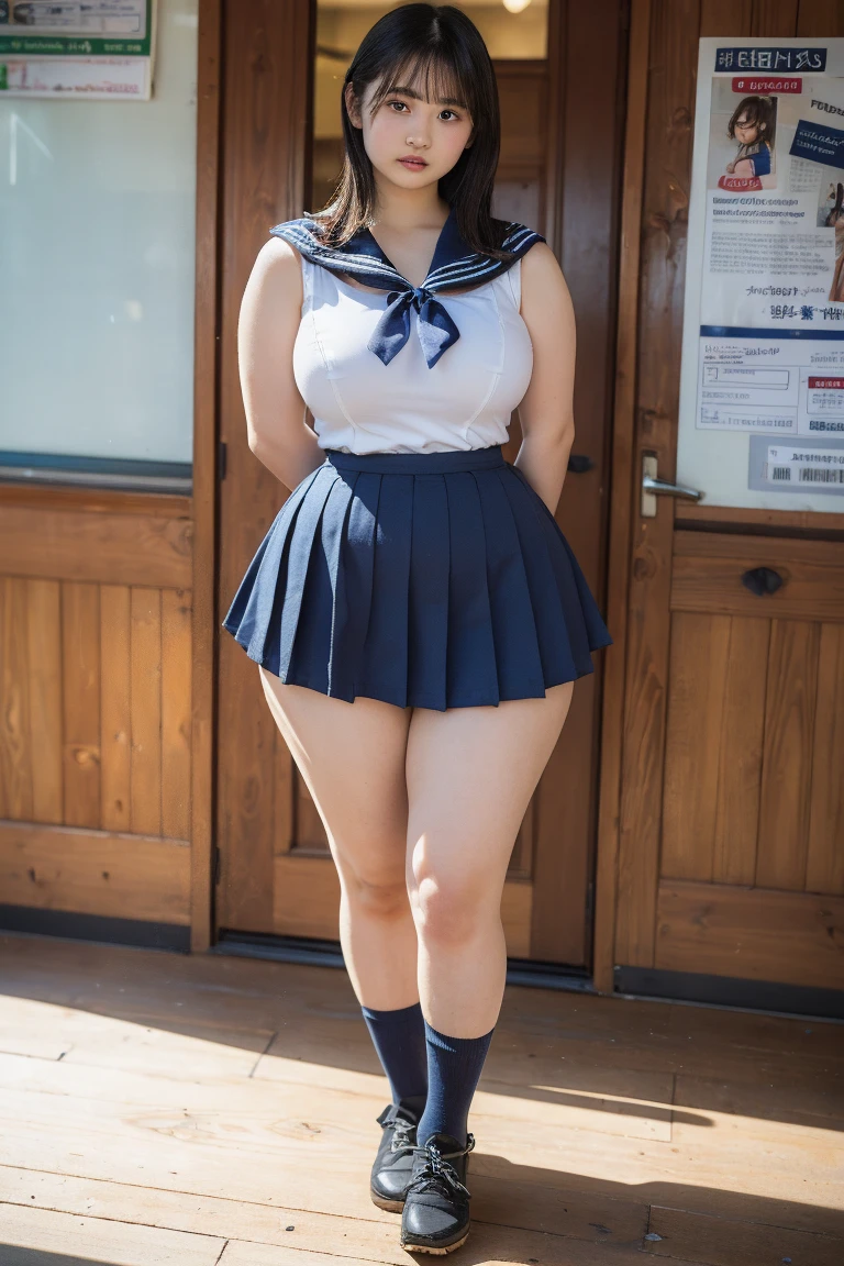 highest quality,super detailed,masterpiece,realistic,Photoreal,bright lighting,1 girl, very beautiful 17 year old girl, (cute:1.2),A bursting smile,plump body、Chubby、Overflowing belly fat、thick thighs、Plump、big butt、Are fat、black eye,black haired,beaver、,(bangs),perfect shiny skin,perfect skin,((erotic,Sexy)), big and full breasts,big breasts thick waist, look at the audience,sailor suit,high school uniform:1.2、short sleeve,tie,,socks、Futomo、(loafer shoes), daytime,Are fat