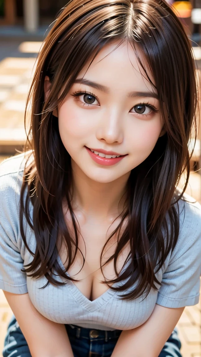 (crowded daytime city),masterpiece,best quality, ultra high definition,girl,slender,((Junior high school student))),(Okabo))),(Short sleeve blouse),((Beautiful hair and beautiful big eyes))),Smile,High contrast, (Photorealistic:1.4),Looking at camera,(Flash)