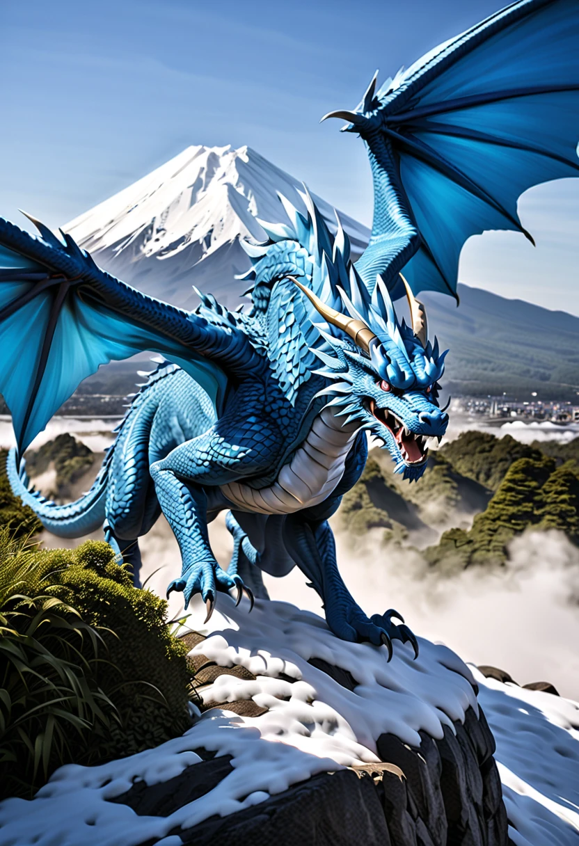 Tokyo destroyed by monsters,(((diamond、crystal)))、blue and white dragon with big wings,(((destroy the city)))