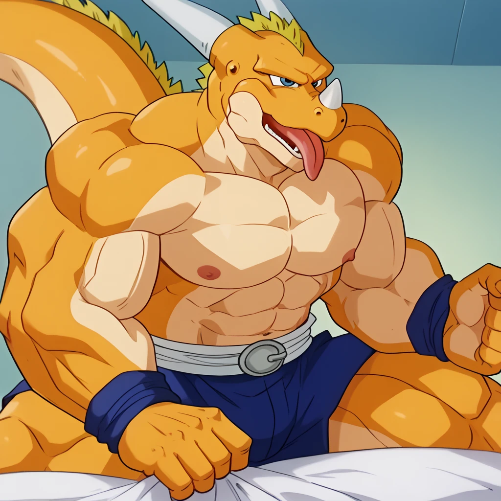 Yellow and white dragon, muscular, with yellow and white wings, with leather gloves, with leather apron, herrero