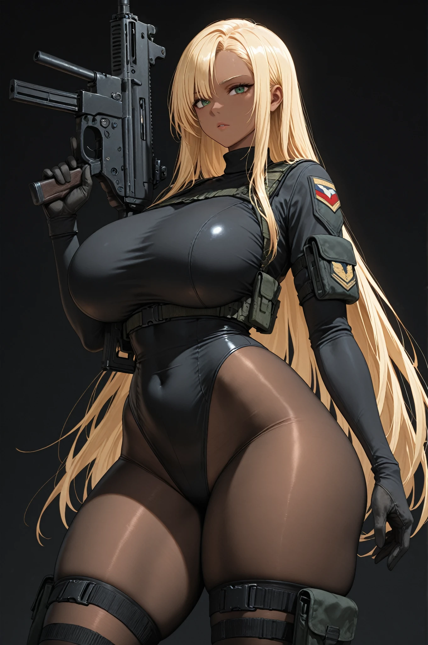 8K, 4k, highest quality, High resolution: 1.2), (masterful, realistic, Photoreal: 1.4), 1 woman, Older sister's atmosphere、beautiful face, she has a bright smile、Shining Lipin Eyes, beholder, Fair skin, white skin: 1.5), Fine complexion, big, big, blonde hair、headband bangs, , young, s asack-view、big ass、super breasts、H cup、lower hair、Rear view、exposed nipples、T-back that digs into your butt、wear a white thong、emphasize the buttocks、white collar thong、cute long hairstyle、wear high heel boots、A woman standing in front of a giant robot、There's a giant robot standing in the background、A female partner robot is next to you.、she's in the hangar、wearing an arm cover、I'm not wearing anything、Have an assault rifle、Hold an assault rifle