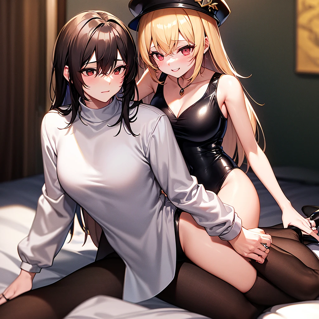 ((having hot lesbian sex in the bedroom. They are kissing, fondling, licking, and scissoring one another with so much passion, these brunettes are so damn hot.)),(masterpiece, best quality:1.4), absurdres, highres, ultra detailed, beautiful, (secretary), (perfect face, detailed face, beautiful:1.3),(natural breasts, cleavage), collarbone, fingerless gloves, gloves,spaghetti strap top, black pencil skirt, tight, over the knee skirt, hat, elegant secretary outfit, thighhighs, thick thighs, thighs, multiple belts, More detailed 8K.motor irreal:1.4,UHD,La mejor calidad:1.4, fotorrealista:1.4, textura de la piel:1.4, obra maestra:1.8,obra-prima, mejor calidad,objeto Objeto], (detailed face features:1.3),(manos detailed)