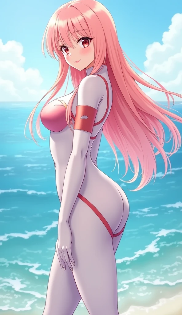 UHD, anatomically correct, textured skin, highres,high details, anatomically correct, retina,wearing white lingerie, beach , pixiv standards upscale,from behind, from outside, from below, lens flare, Ultra-Wide Angle,big ass,butt focus, show her ass,red hair,Kushina Uzumaki, blue eyes, anime Naruto , mom, milf