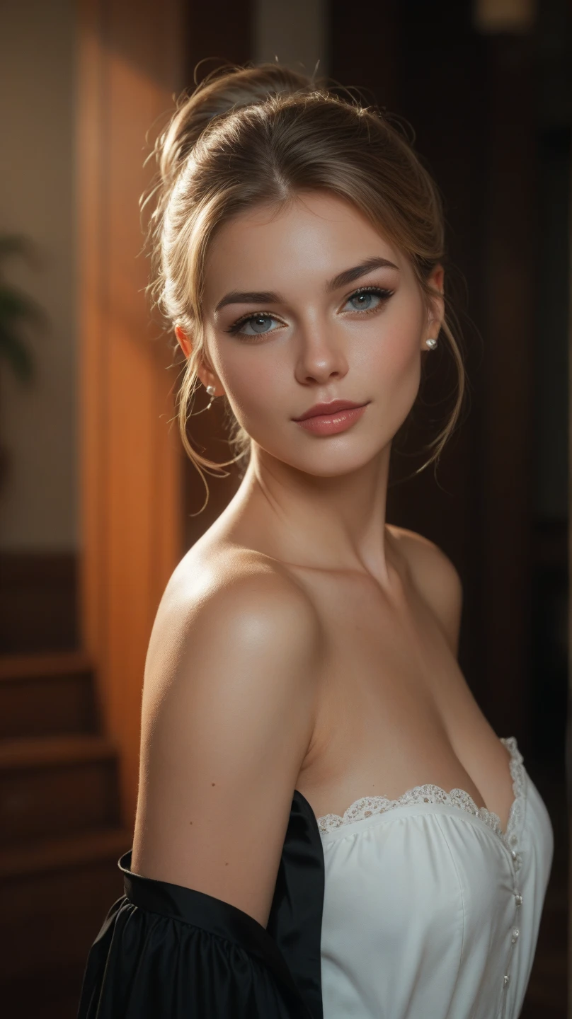 beautiful girl, beautiful blue eyes, 1girl, half body, pulling panties down to knees, intimate pubic haircut, detailed face, long eyelashes, hyper detailed, photorealistic, 8k, high resolution, masterpiece, intricate details, cinematic lighting, dramatic lighting, warm colors, soft focus, elegant, serene, sensual