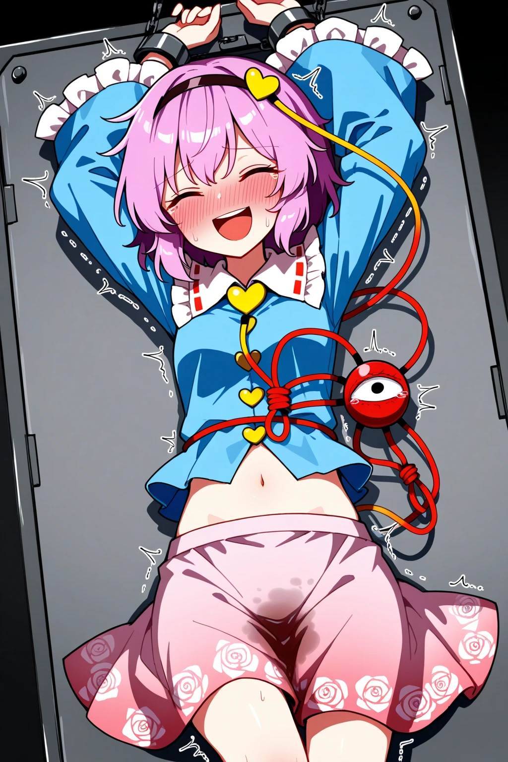 ((highest quality)), ((High resolution)), ((finely)), 1 girl,spread pussy, uterus, orgasm,gleaming skin,drunken eyes,naked woman、young genitals、Tears in my eyes、(blush)、blindfold、