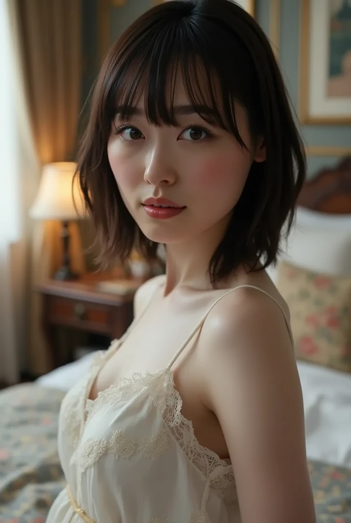 (Highest quality:1.4),(masterpiece:1.4),(Realistic:1.4),(Realistic:1.2),(超High resolution, RAW Photos:1.4),(High resolution, Very detailed:1.2),(8k:1.2),photograph,brown hair photos,Her hairstyle is a short bob with bangs....,Japanese women,50 years old,alone,(In white lace underwear),((whole body:1.3))