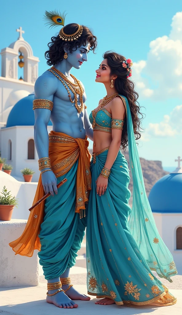 boy as krishna with partian blue body color and girl as radha realistic faces , full cover clothes, body color , flute on hand of krishna ,healthy radha krishna , dwarka ji temple background, 4k image
