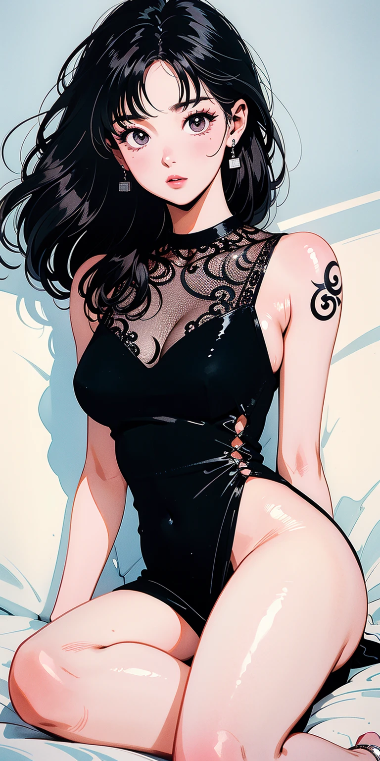 1girl , mature , adult, Solo, tall, wavy hair, large eyes, Shy face, smiling, luxury set, lace panties, (intricate lace black panties), perfect breast (intricate lace bra) fishnet, boots, (from front:1.3), symmetrical, fierce woman, intense gaze, risograph