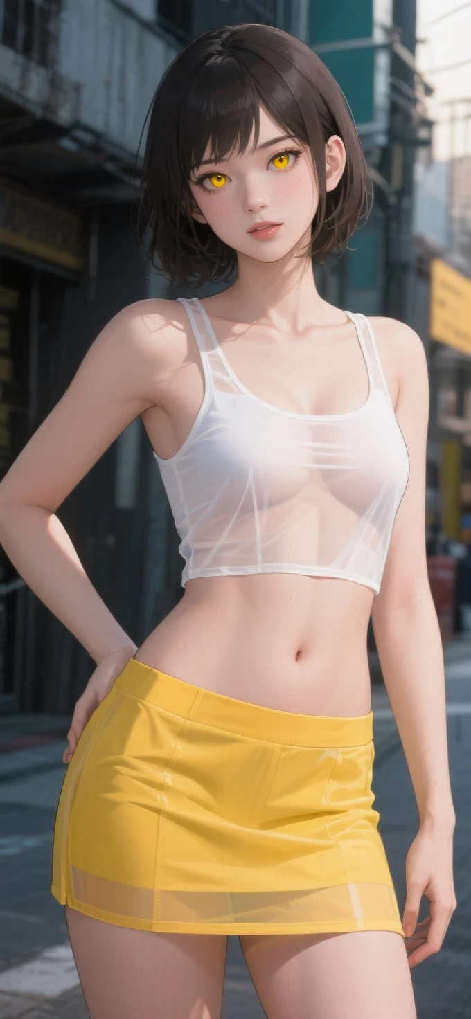 (8k,Ultra-high resolution,Highest quality,masterpiece,Realistic,Ultra-high resolution,High-quality RAW color photos,Professional photos,Realistic,Realistic),Natural skin texture,Fine skin,Hyperrealism,Intricate details,Adult women,Eye highlights.Lip gloss,Shiny skin,Glossy Lips,((Cute smile),Short Hair,Black Hair),((((Tight-fitting white low-rise shorts,See-through areola,See-through public hair),White sleeveless hoodie),Sandals,See-through nipples,Cute smile,face focus,front zipper,guravure pose)),Streets of skyscrapers