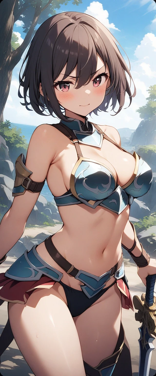 (best quality), (Super detailed), (Best Illustration), (woman), look at viewer, {(Thief:1.2)}, (large breasts), {(detailed eyes), (heart-shaped pupils), blue eyes}, {brown hair, (sideburns), (bob cut:1.3), curly hair, hairs between eyes, colored inner hair}, blush, earring, hair band, fantasy landscape,