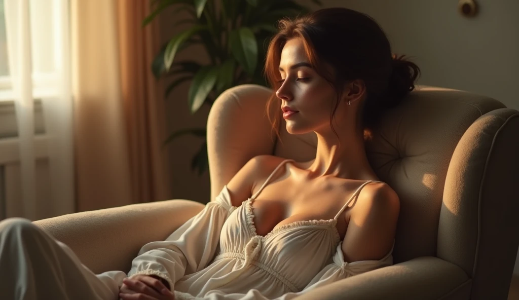 ((masterpiece, Highest quality, Best image quality, High resolution, Realistic, RAW Photos, 8k, Highly detailed CG synthesis 8k wallpaper)), (Huge and stunning goddess shot, Very hot and sexy, Incredible beauty, Perfect Proportions, Beautiful body, Slim body beauty:1.4), Romantic movie final scene, A cheerful holiday afternoon、A woman is sleeping on her favorite sofa, A gentle breeze rustles the lace curtains, In the center of the screen「My favourite sofa」Character, (View from above:1.4),