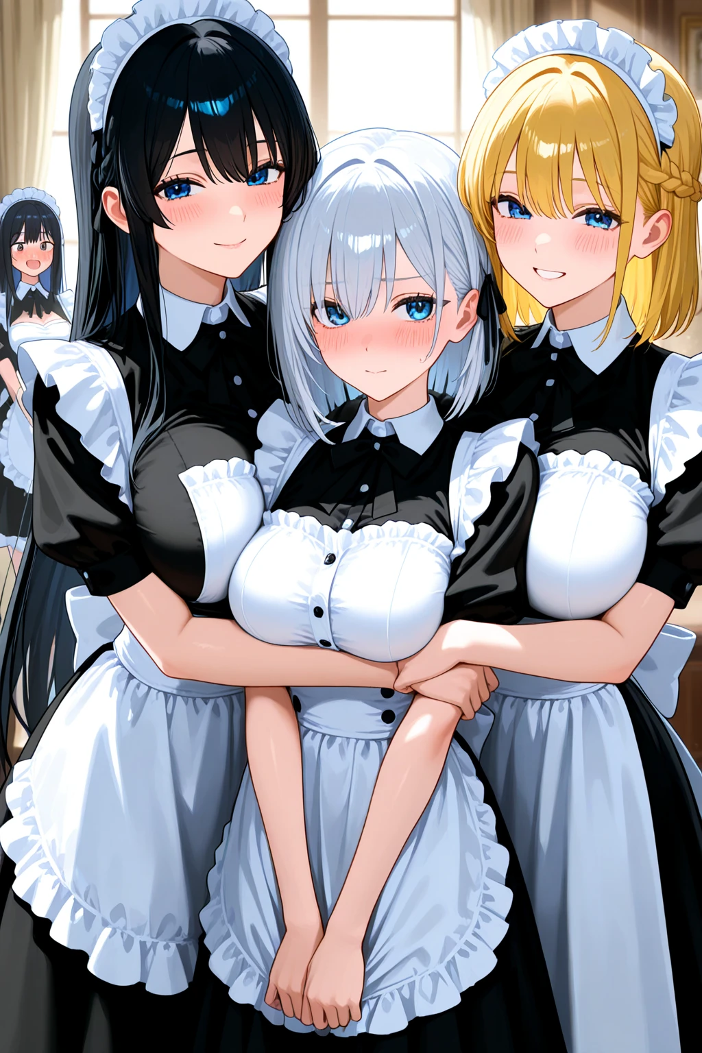 score_9, score_8_up,score_7_up, masterpiece, best quality, extremely detailed, stunning art, absurdres, cowboy shot, BREAK nsfw, (POV, intense sex of girl on top, vaginal penis:1.1), cum in pussy, (lying viewer surrounded by three girls,(gasp ecstasy), lineup bare various breasts,maid costume, luxurious mansion,group picture:1.1), (trembling),shiny skin,breast milk,cum splash,ahegao