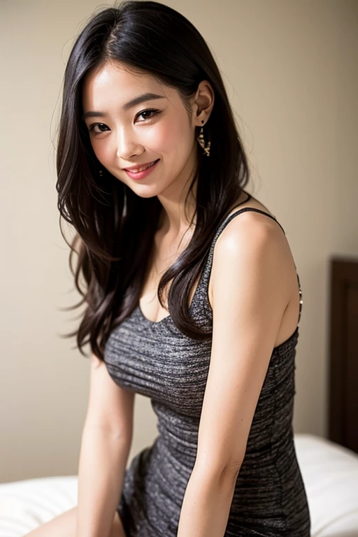ulzzang -6500-v1.1, (Raw photo:1.2), (Photorealsitic), huge filesize, hight resolution, ighly detailed, top-quality, (masterpiece:1.6),(Hyper-realistic: 1.4), ighly detailed, nffsw, finely detail, top-quality, 8k wallpaper,People with Japan,((1 girl with clear white skin)),17 age、cowboy shot、((Muscular woman like a bodybuilder:1.2) ) ,(Hourglass-shaped body)、((Huge ass)),((thick and strong legs、Sculpted muscular legs:1.4))、((Thick arms with sculpted muscles:1.3))、wide breasts, ((Disproportionately huge breasts:1.4))、((Lori face:1.2))、Narrow eyes, cute face, Narrow eyes,((closes mouth、A smile))、((Straight hair、One-length))、((((Black Sleeveless Black Body Con Dress:1.3))))、((Sit on a hotel bed at midnight))、 (Realistic: 1.3), (Smooth lighting: 1.05), (Improved cinematic lighting: 0.9), Realistic lighting, Backlight, Face Light, raytrace, (Whitening light: 1.2), (Image enhancement: 1.4), ( Top quality real skins: 1.4), (Body Line Mood Increase:1.1), (Skin Texture Enhancement Beauty:1.1),