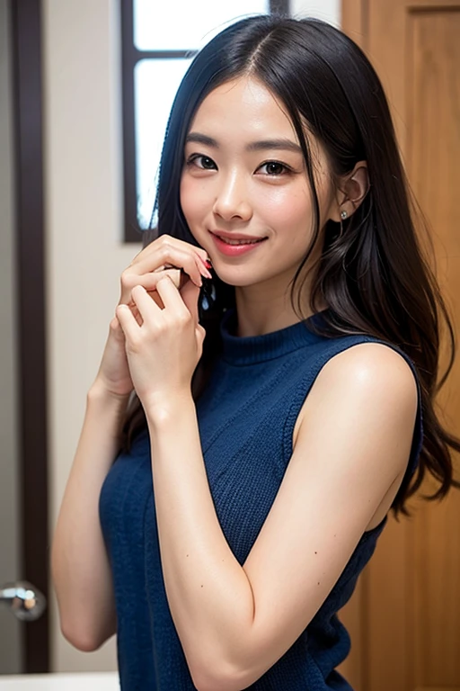 The face of a young, beautiful Japanese woman wearing a plain navy blue T-shirt, standing, looking back and smiling. Focal length 100mmf/2.8, spring night, living room on the upper floor of a high-rise apartment, well-shaped face, toned body, plain navy blue T-shirt, naked lower body, pubic hair, female genitals, close-up of eyes, overhead view, sense of presence, 8K image quality, highest quality.