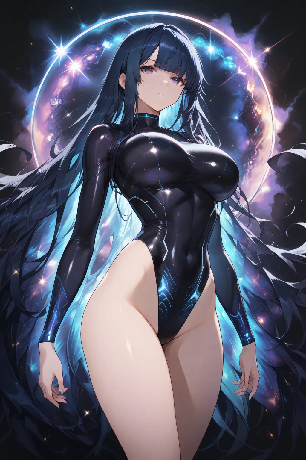anatomically correct,masterpiece, highest quality, 1 girl, looking at the viewer, blue eyes, closed mouth, (Urgent 1:0.7) ,black hair、(masterpiece),(highest quality:1.0), (ultra high resolution:1.0), Detail view, 8K, anime, masterpiece、provocative look very big breasts Fair skin very fine eyes show off your chest、,swaying chest, upper thigh、Highest quality detailed eye,Tight-fitting clothes that highlight her perfect body ,A torn body suit grazes my chest, crush and transform、Beautiful shining nipples、Sunny steppe、M-shaped spread legs
