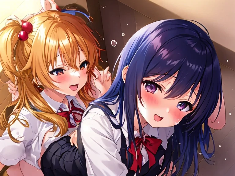 (masterpiece, best quality, ultra-detailed, high resolution, detailed eyes), takeda hiromitsu style, {{{3 mature females}}}, group of females, school girl uniform, big eyes, curvy body, looking at viewer, pov, breath, blushing, open mouth, tongue out, drool, in heat