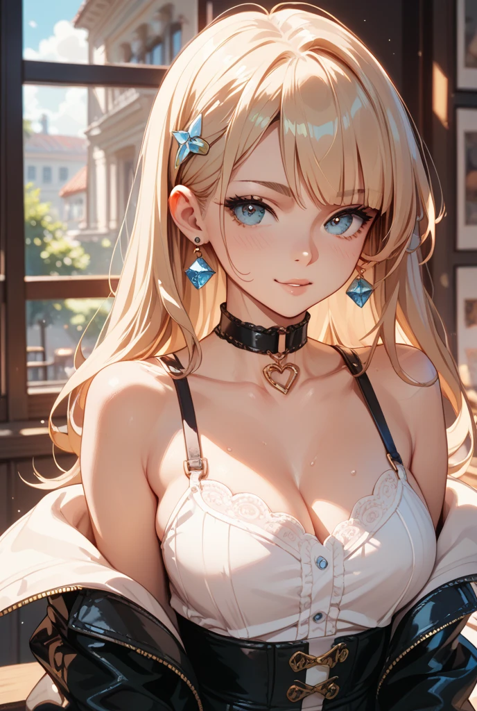 最high quality, masterpiece, High resolution, girl, blonde, blue eyes, Fashion Clothing, necklace, jewelry, Pretty face, Perfect breasts, is more than_body, Tyndall effect, Real, Dark studio, Side lighting, 2-color illumination, (HD Skins:1.2), 8k Ultra HD, Soft Light, high quality, Volumetric lighting, Frank, photograph, High resolution, 8k, Bokeh, Short depth of field,,