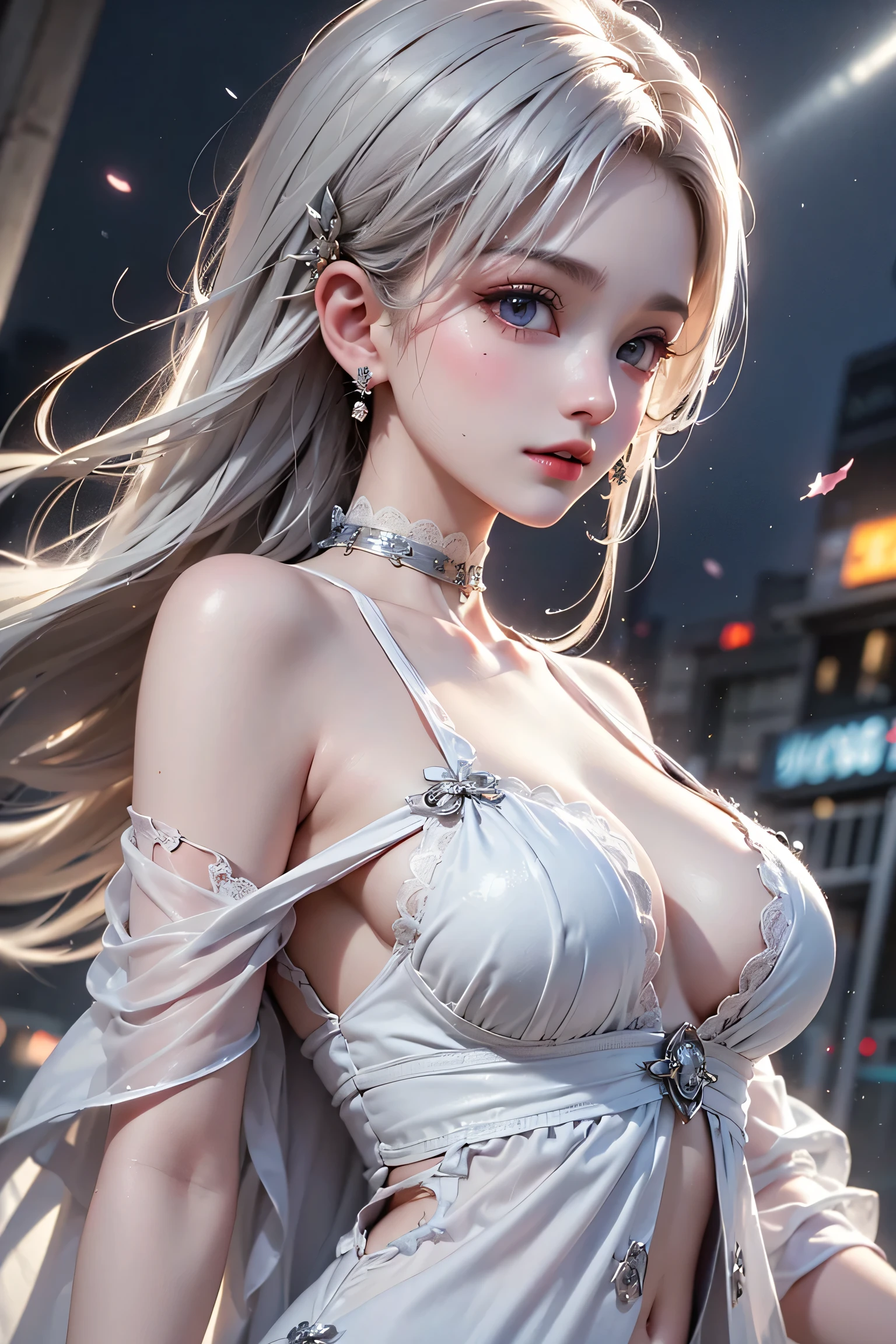 (Close-up image)((masterpiece:1.5,Highest quality,Highly detailed images,Beautiful images、Realistic、Photorealistic、2.5D))(1girl, 独奏,)(Adult women、medium beautiful breasts, white hair, beautiful eyes、Beautiful cleavage)(cleavage_cutout, quilting, Long dress)(smile, wind, floating hair)(dark、Soft lighting、Fantastic Background)