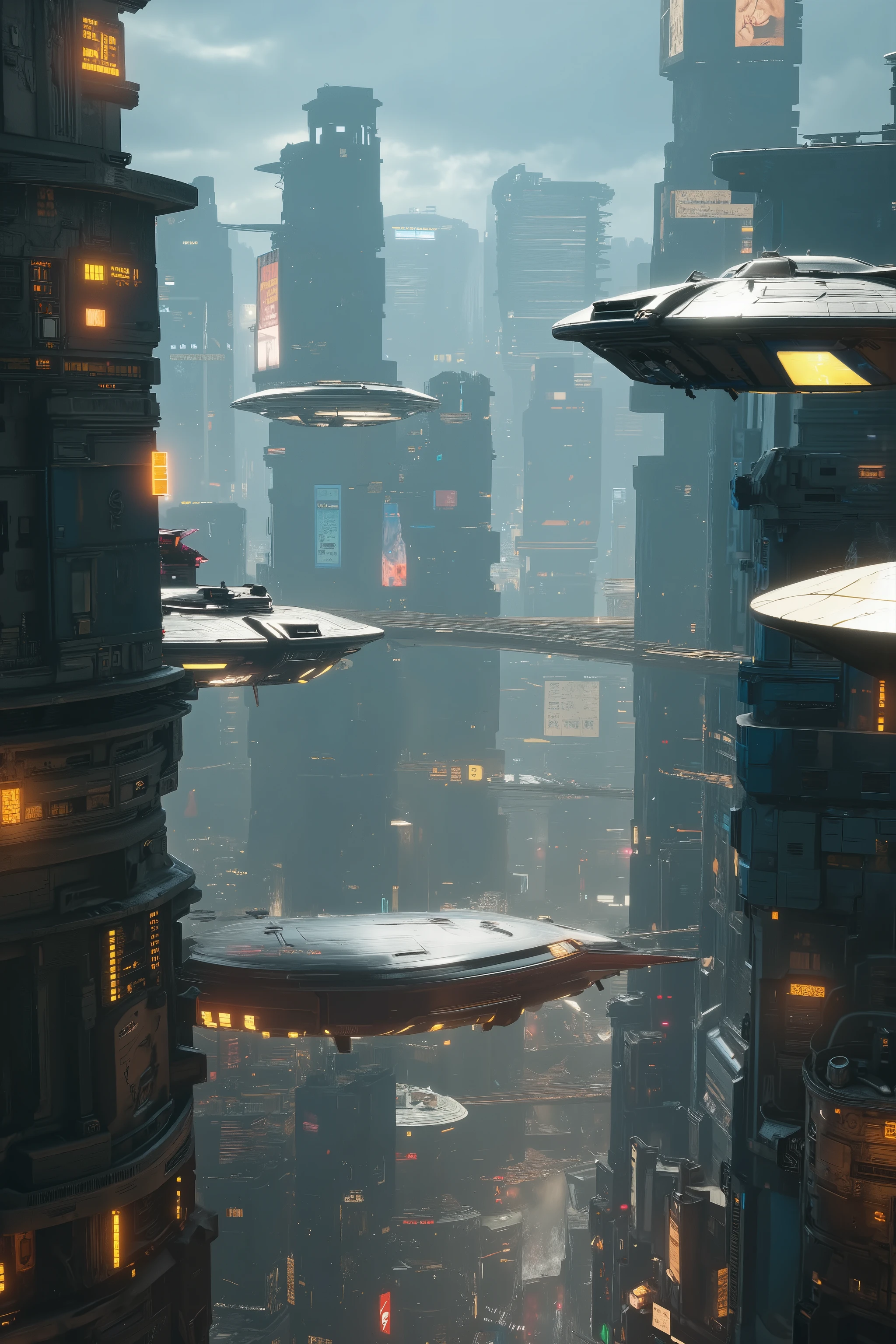 (best quality,4k,8k,highres,masterpiece:1.2), photorealistic, photo-realistic :1.37) highly detailed futuristic cybercity, neon lights illuminating the cityscape, flying hovercraft vehicles are everywhere, advanced technology, hovercraft, Ultra-realistic, photo-realistic, ultra-detailed, realistic vision, hyperrealism, Massive futuristic skyscrapers tower into a cloudy sky, their surfaces decorated with digital displays and illuminated panels glowing. These towering structures frame a deep urban canyon where flying vehicles, reminiscent of sleek, disc-shaped crafts, glide effortlessly through the cityscape, casting subtle reflections on the glossy surfaces of the buildings. Hovercraft everywhere, suspended bridges, the scene conveys a bustling yet serene atmosphere, combining elements of advanced technology with an urban landscape. The mood is a blend of awe and anticipation, with the promise of a highly technological civilization thriving within this intricate cityscape. Spaceships flying over a city at night, sci-fi city, otherworldly, futuristic cyberpunk city,  futuristic street, in a futuristic cyberpunk city, futuristic cityscape Ultra-detailed, ultra-realistic, photo-realistic, cinematic photography, cinematic lighting, cinematic portrait, portrait photography, cinematography, cinematic, realistic, best quality images, masterpiece. 