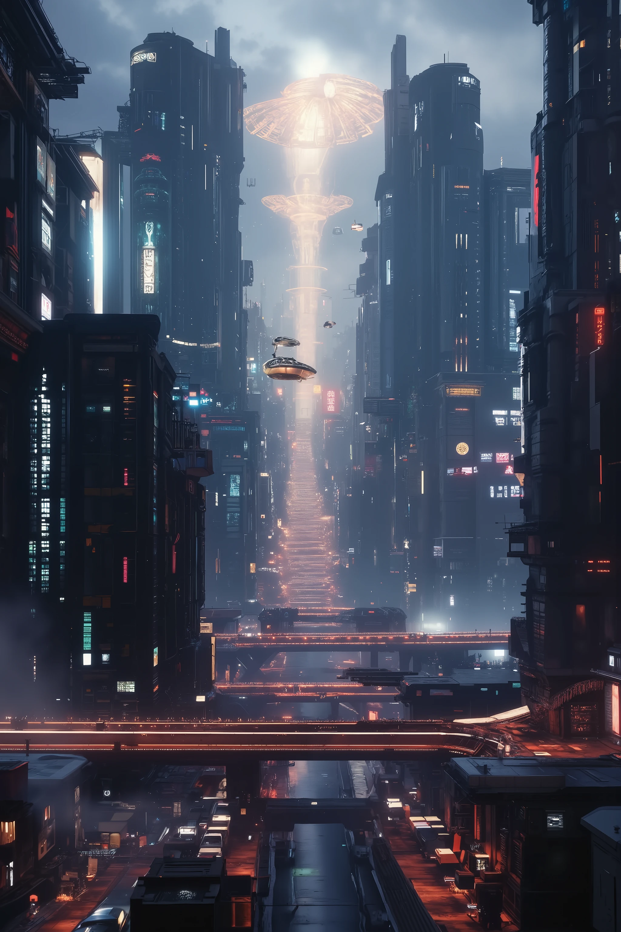 (best quality,4k,8k,highres,masterpiece:1.2), photorealistic, photo-realistic :1.37) highly detailed futuristic cybercity, neon lights illuminating the cityscape, flying hovercraft vehicles are everywhere, advanced technology, hovercraft, Ultra-realistic, photo-realistic, ultra-detailed, realistic vision, hyperrealism, Massive futuristic skyscrapers tower into a cloudy sky, their surfaces decorated with digital displays and illuminated panels glowing. These towering structures frame a deep urban canyon where flying vehicles, reminiscent of sleek, disc-shaped crafts, glide effortlessly through the cityscape, casting subtle reflections on the glossy surfaces of the buildings. Hovercraft everywhere, suspended bridges, the scene conveys a bustling yet serene atmosphere, combining elements of advanced technology with an urban landscape. The mood is a blend of awe and anticipation, with the promise of a highly technological civilization thriving within this intricate cityscape. Spaceships flying over a city at night, sci-fi city, otherworldly, futuristic cyberpunk city, futuristic street, in a futuristic cyberpunk city, futuristic cityscape Ultra-detailed, ultra-realistic, photo-realistic, cinematic photography, cinematic lighting, cinematic portrait, portrait photography, cinematography, cinematic, realistic, best quality images, masterpiece.