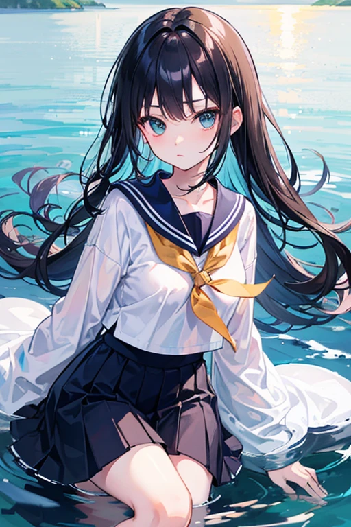 1girll, Beautiful detailed eyes, Brown hair long, Light blue eyes, a sailor suit, High white stockings, Glossy glossy skin, Seaside, beach, Waves, High contrast,ssmile,Side Body,Turn Back,no head gear,Black JK skirt ,((Masterpiece, Best quality))