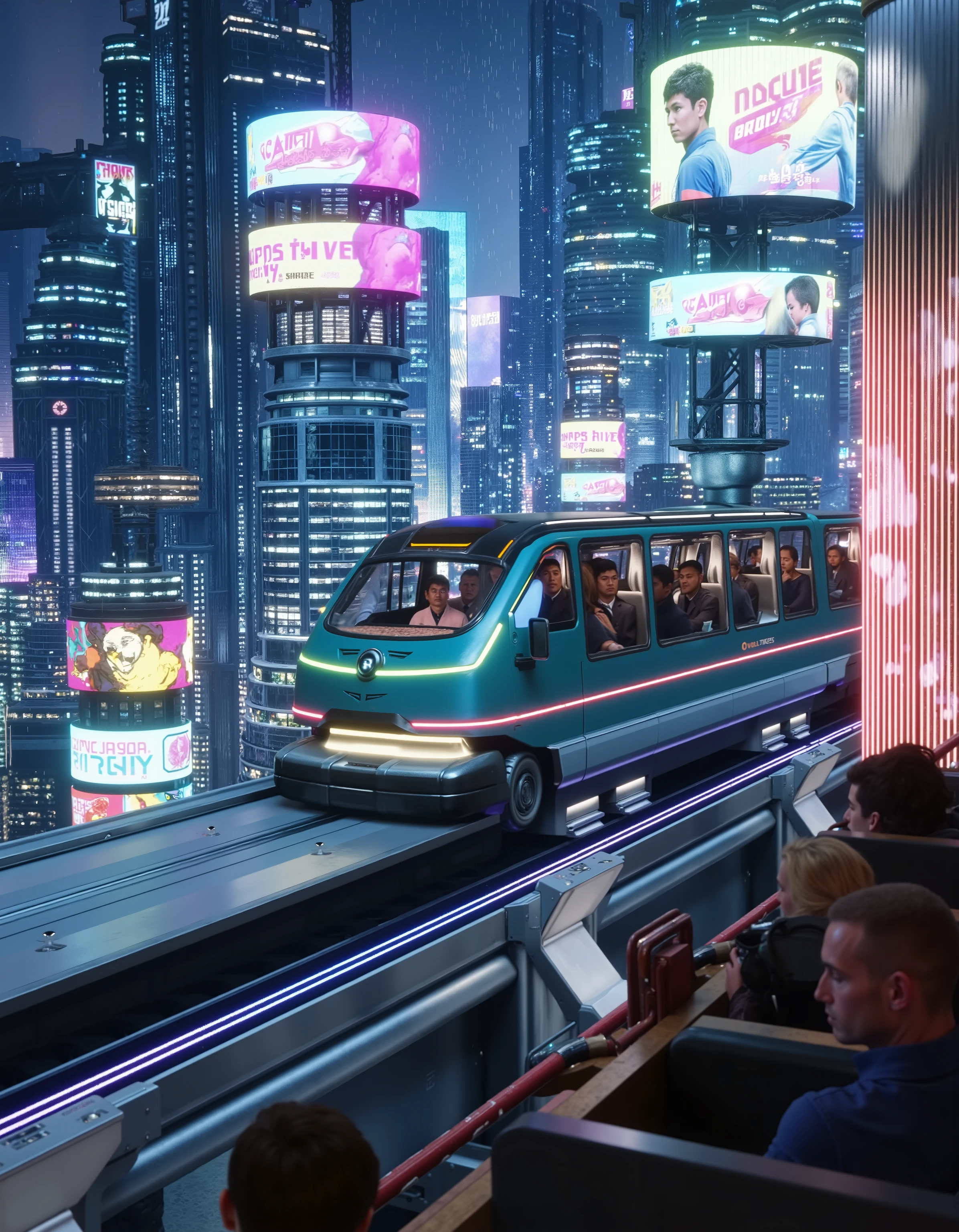 zavy-cbrpnkct, A futuristic monorail zips through the heart of the city, its sleek body reflecting the multicolored lights from a holographic tunnel that surrounds it. A close-up reveals the monorail's high-tech surface. In the background, massive skyscrapers are adorned with neon billboards, while extreme rainfall cascades down. Inside the monorail, passengers stare out into the vibrant cityscape