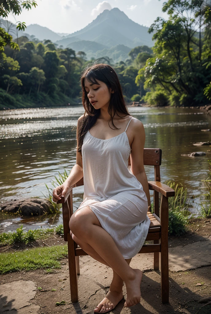 Uma mulher sentada em um banco de parque observando a paisagem, Use a Nikon D850 DSLR 4k camera with 200mm lens and dramatic lighting
