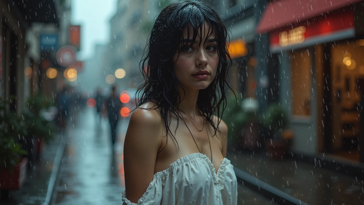 (highly detailed body, slim body, highly detailed face, best quality: 1.2), a beautiful woman, large chest, large ass, look at the viewer, (opened white clothes, shoulders off, blown by the wind), (short hair, disheveled hair, black hair), walking on the city in the rain, with despair feeling, dark cluodly and cold background, light from back, full body frontal portrait,