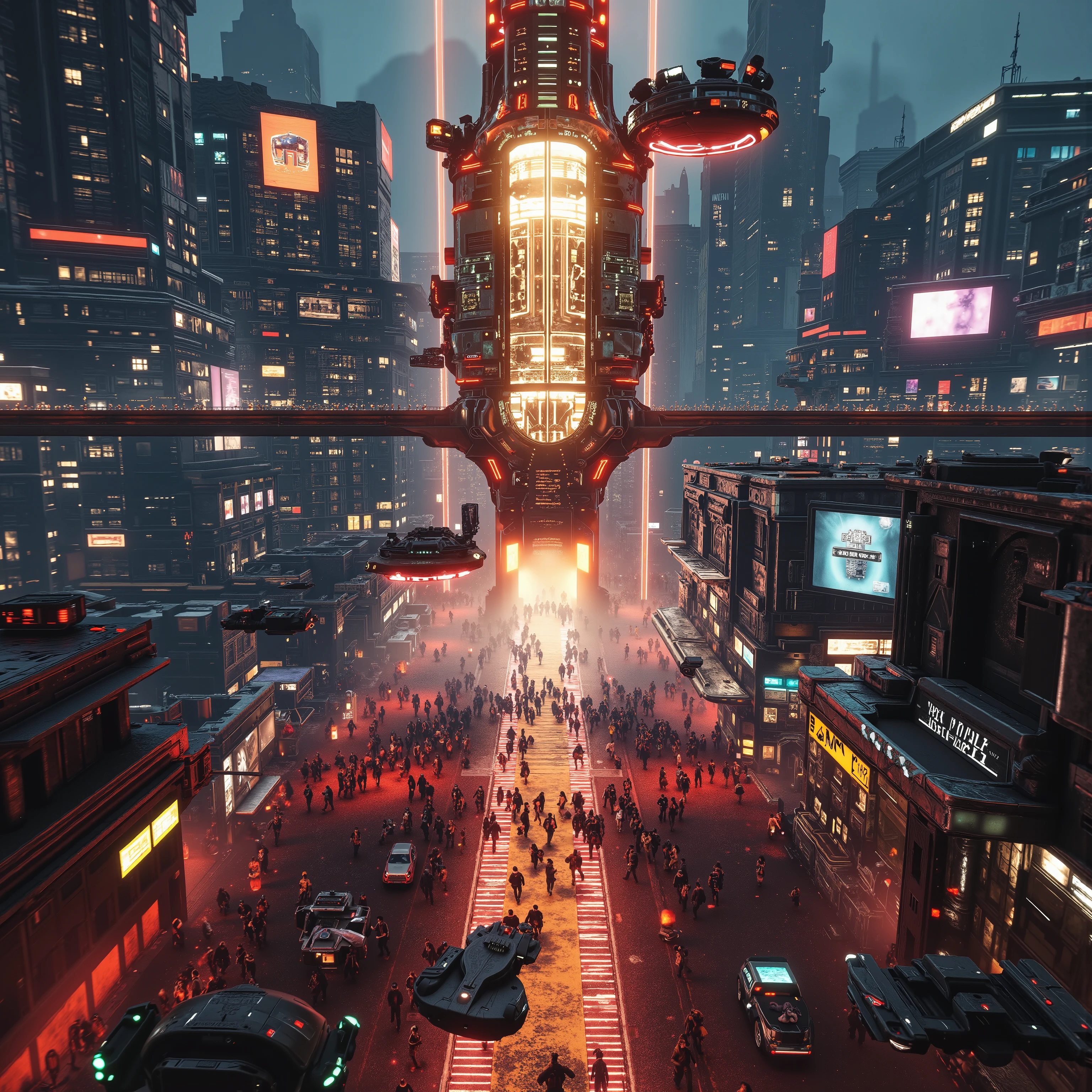 Futuristic 1(best quality,4k,8k,highres,masterpiece:1.2), photorealistic,photo-realistic:1.37)mad-srgns, highly detailed futuristic cybercity, towering skyscrapers with large media screens, gleaming metal and glass buildings, neon lights illuminating the cityscape, flying vehicles soaring through the air, advanced technology and holographic displays, massive bridges connecting the structures, bustling streets filled with pedestrians and autonomous cars, lush greenery and parks interspersed between the modern architecture. Out of nowhere, a giant war spacecraft comes into view and starts to destroy people and property with advanced laser weaponry. Smaller ships with machine guns pepper the running crowds of people with hundreds of thousands of bullets.People run for their lives, terrified! It is a massacre. Rebels with rocket launchers can be seen here and there, fighting back. Ultra-detailed, ultra-realistic, photo-realistic, cinematic photography, cinematic lighting, cinematic portrait, portrait photography, cinematography, cinematic, realistic, best quality images, masterpiece.