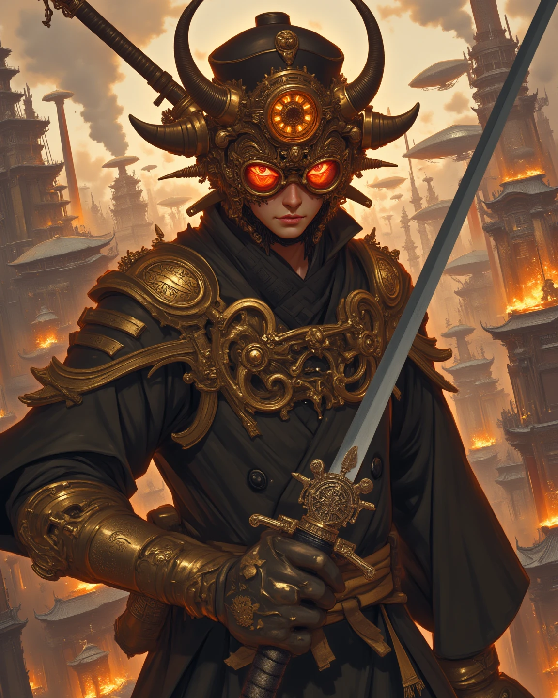 Hyperrealistic version of a woman kneeling down with a sword in her hand, very beautiful cyberpunk samurai, anime cyberpunk art, cyberpunk samurai, cyberpunk anime art, anime cyberpunk, cgsociety 9, digital cyberpunk anime art, style of maciej kuciara.1girl, samurai armor, helmet oni evil mask,intricate, ornaments detailed, cold colors, metal, egypician detail, highly intricate details, realistic light, trending on cgsociety, glowing eyes, facing camera, neon details, ultra realistic details, portrait full body, japanese atmosphere, global illumination, shadows, octane render, 8k, ultra sharp.cool lolita. 