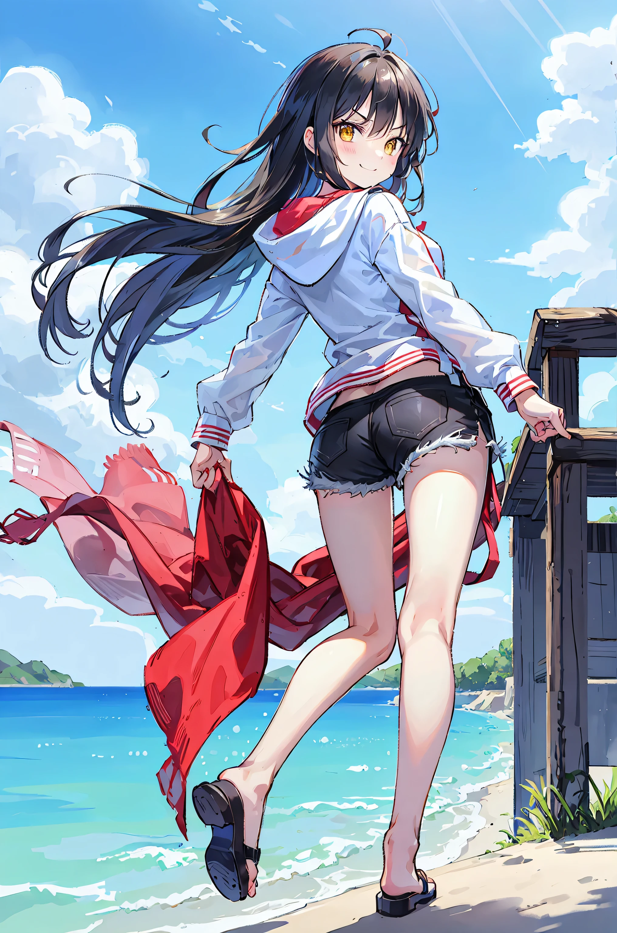 18-year-old shiny black haired girl, Blood red eyes  Long hair,Braid left and right, White T-shirt,Black swim trunks ... Show off your legs....on the sea, On the white sandy beach...With a slightly smiling face..........