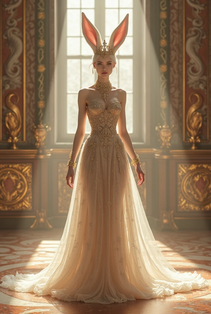 Beutiful woman, wearing gowns, in royal hall
