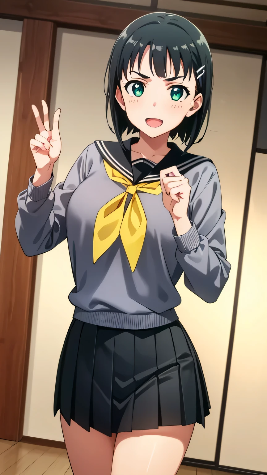 {{{masterpiece}}}, (best quality:1.5), (ultra-detailed:1.5), {illustration}, {{an extremely delicate and beautiful}}, (beautiful detailed eyes:1.6), absurdres, highres, extremely detailed face, 16k, hd, visual anime de uma jovem mulher, extremamente bonito rosto de anime, anime melhor garota, (perfect hands, perfect anatomy), (five fingers:1.1), anime face, suguha kirigaya(Sword Art Online), 1girl, solo, cute face, short hair, black hair, bangs, hair ornament, hairclip, (green eyes:1.3), big breasts, big hips, curvaceous, thighs, BREAK, {school uniform}, {serafuku}, (grey sweater:1.3), long sleeves, grey sleeves, black sailor collar, (yellow neckerchief:1.2), tuck out sweater, pleated skirt, black skirt, (mini skirt:1.2), black crew socks, BREAK, weapon, bamboo sword, (holding bamboo sword:1.2), (upper stance:1.3), BREAK, open mouth, smiling, indoor, dojo, daytime, Dutch angle, Super shiny hair and skin, (cowboy shot:1.3)