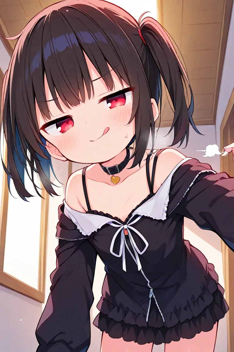Kneeling,Straight Stand,Hands behind back,Both hands tied,open mouth,tongue out,cum on tongue,1girl,((((12-year-old girl)))),Short,slender,small breasts ,front face,from front,front view,looking at viewer, looking down,(from above:2.0),cowboy shot,Black Hair,Short Twin Tails,Gray Eyes,Drooping eyes,slit pupils,narrow eyes.Mischievous smile,Sheer black and light pink negligee,Sexy Lingerie,garter,Collar with leash,Dimly lit room,Gray wall,On the bed,Dim lighting,Beautiful and detailed anime art,submissive female,