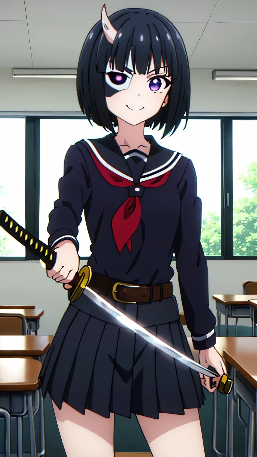 {{{masterpiece}}}, (best quality:1.5), (ultra-detailed:1.5), {illustration}, {{an extremely delicate and beautiful}}, (beautiful detailed eyes:1.6), absurdres, highres, extremely detailed face, 16k, hd, visual anime de uma jovem mulher, extremamente bonito rosto de anime, anime melhor garota, (perfect hands, perfect anatomy), (five fingers:1.1), anime face, Rin Onigawara(Armed Girl's Machiavellism), 1girl, solo, cute face, rin_masked, short hair, (black hair:1.2), bob cut, bangs, (single horn:1.3), horns, (mask:1.2), (purple eyes:1.3), medium breasts, big hips, curvaceous, BREAK, {school uniform}, serafuku, black serafuku, long sleeves, black sleeves, (white sailor collar:1.1), red neckerchief, belt, micro skirt, pleated skirt, black skirt, BREAK,1girl, katana, (holding katana:1.2), cowboy shot, kyoushitsu, classroom, indoors, school chair, school desk, chalkboard, window, ceiling light, curtains, smiling, looking at viewer, daytime, flushed cheeks