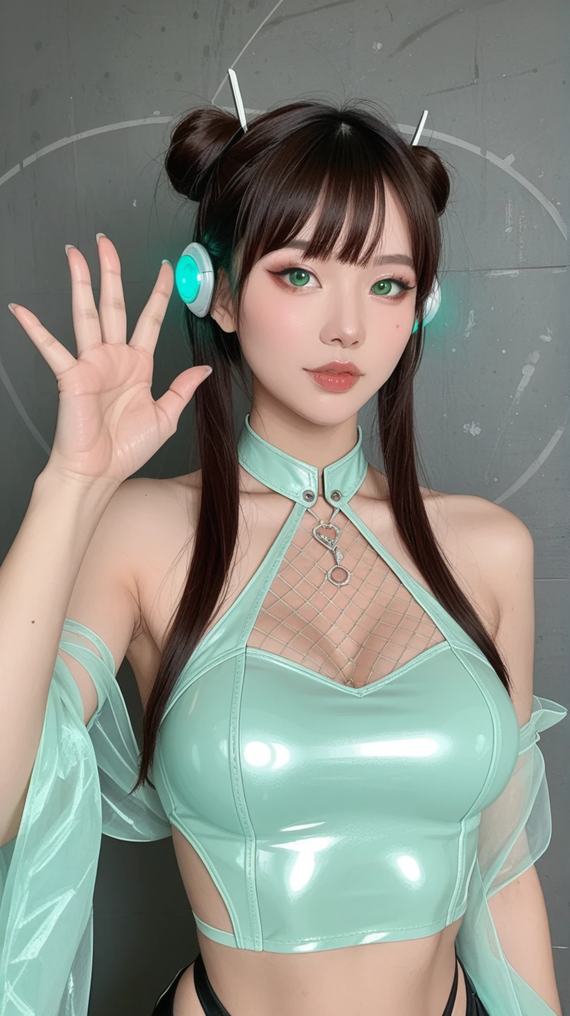 Finest Quality, 8k, 32k, Masterpiece, UHD:1.3), (kpop idol:1.3), 1 Girl, (Giant Tits:1.2), Belly, Perfect Body, Detailed Face, Detailed Lips, Smooth Eyes, double eyelids, (seductive), ((awaken:1,5)), abs, (IP Masquerena), anime style, (style of Yu-Gi-Oh), (cyberpunk:1.5), wearing green, (openai logo)