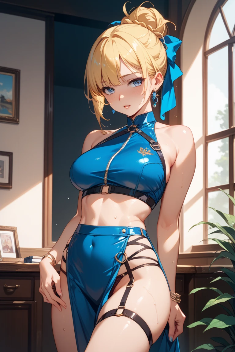 ((Top Quality, 8k, Masterpiece: 1.3)), solo, 1 menina, sexy, pose sedura, sexy, Menina bonita: 1.4, (cabelo muito curto, seios grandes: 2.0), Rosto ultra detalhado, olhos detalhados, 二重まぶた, Selfie, (fisiculturista: 1.5),(mamilo duro pequeno bonito: 1.3),(usando uma faixa),(pernas espalhadas:1.2),na cama de ouro,(pele brilhante:1.2), (deite-se: 0.8), (cabelo loiro: 1.5), (seen nipple head: 1.0), (calcinha molhada: 1.1)