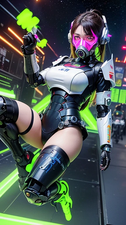 ((Highest quality)), ((masterpiece)), (detailed:1.4), (((Translucent with mechanical parts and transparent skin++Rainbow colored aurora material++、++Grey carbon material++Cyberpunk beauties))), ((Wide open chest)), Hip and thigh skin, Ticker (High Dynamic Range), Ray Tracing, NVIDIA, Super Resolution, Subsurface Scattering PBR Texturing, Post-processing, Anisotropic Filtering, Depth of written boundary, Surface Shading, Accurate simulation of light/Material interactions, Perfect Proportions, Two-tone lighting, wide aperture, Low ISO, White balance, 8k, Browsing Caution, (((Tall Woman))), 25-year-old woman, Bright LED, Knee-length, bulge, Open Stance, Hip and thigh skin, Beautiful body, The navel is visible through bare skin, Large Breasts, ((Cyber suit with glowing LEDs)), (Large Breasts: 1.0) , Dazzling cyberpunk cityscape, Skyscraper, Neon Signs, LED Light, Bright and vivid color scheme, Bright and vivid color scheme, Surprised expression, Blunt bangs, (((+++Beautiful bright iridescent hair+++ Straight Medium Ponytail))), Anatomically correct arms and fingers, seed: 256 :1>,NSFW,