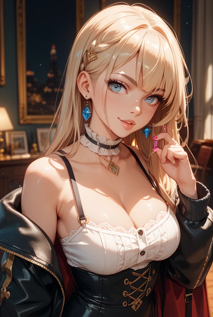 (score_9,score_8_up,score_7_up), source_anime, Gothic blonde Lolita, cleavage, midriff, perfect eyes , long hair; sexy, cute, zPDXL2, being bored. 1girl, black chocker