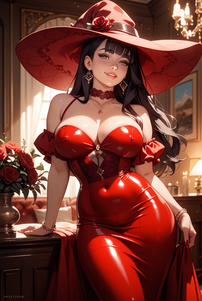 (masterpiece, best quality, cinematic, photorealistic, ultra-detailed), (1girl, female witch), perfect body, sexy body, tall and sexy, perfect hands, long round legs, (sexy body, wide hips), (wide shot, from below:1.2), (wearing a playful red cocktail dress with ruffles, paired with gold hoop earrings and strappy heels), (fiery red hair, voluminous curls), (hazel eyes, detailed pupils, defined eyelashes), (blushing, slightly parted lips, soft peach lips, fluffy lips), (massive tits, natural soft tits), sensual pose, seductive pose