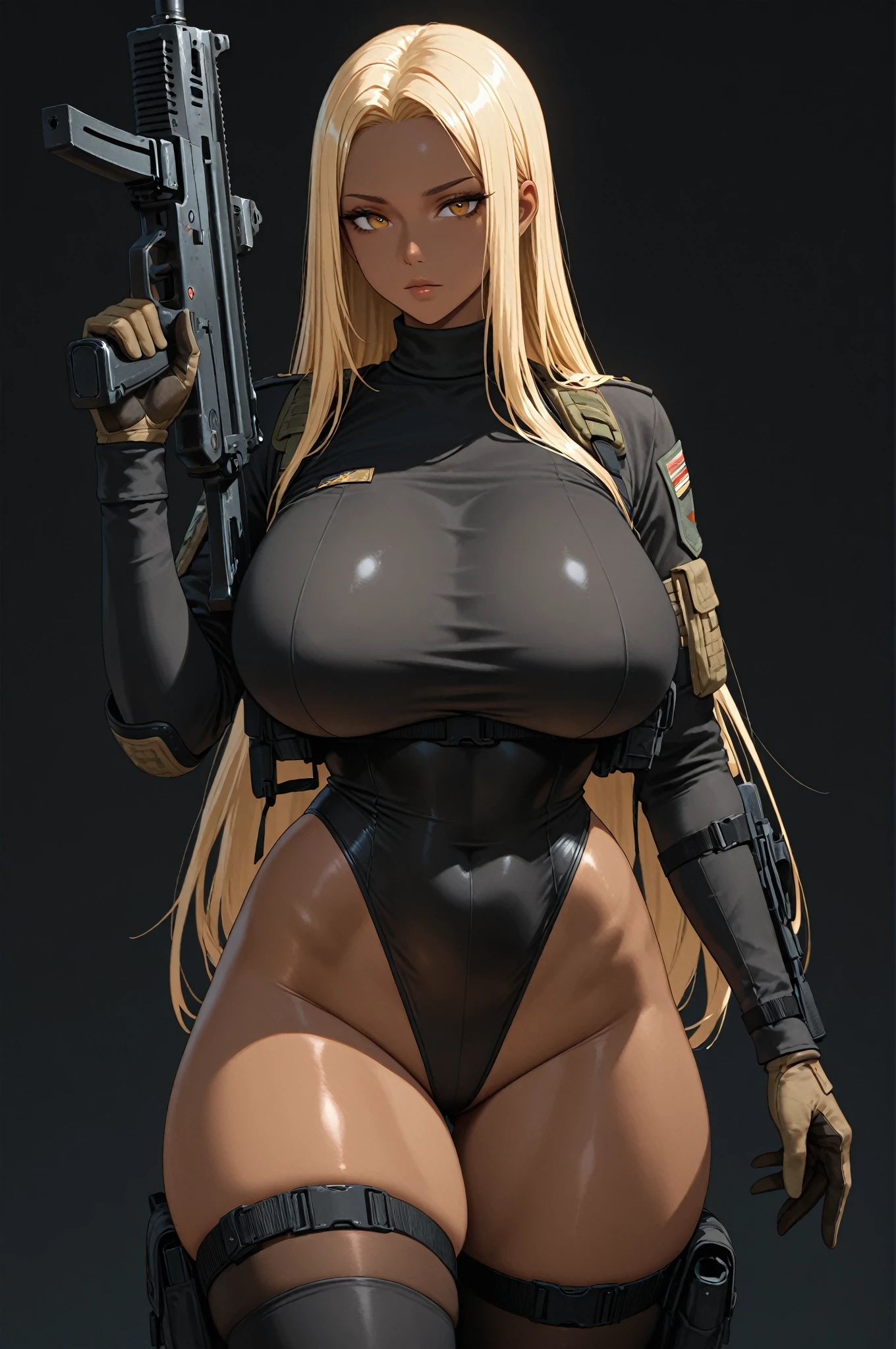 ((masterpiece)), ((best quality)), (ultra-detailed), illustration, beautiful art, artistic, realistic, 8k, wallpaper, beautiful, high resolution, good composition, good art, scenery, cinematic, (((nude))),detailed skin, (Shiny oily skin), glossy skin, fine skin, (beautiful hair), (beautiful red eyes), hand with five delicate fingers, (perfect anatomy), (correct limb), nostrils, (realistic), long hair ahoge hat beret hair ornament cleavage,(( perfect nude large big breasts)), ((perfect erect nipples)), slim waist ,black jacket, open jacket, long sleeves, (cameltoe), black thighhighs knee pads, promptsgirl, big gun, Batllefront war background.
