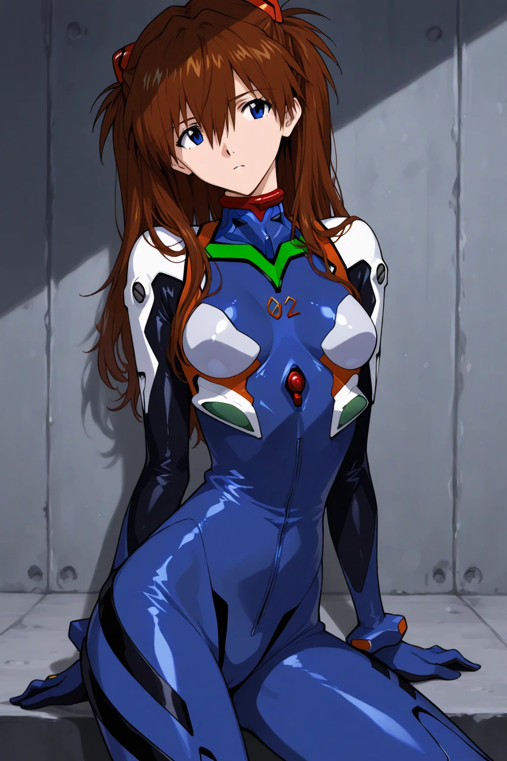 (best quality), (masterpiece), (ultra detailed), (1Girl, beautiful, brown hair, gray eyes, (wearing blue evangelion style latex suit), in one grass meadow)