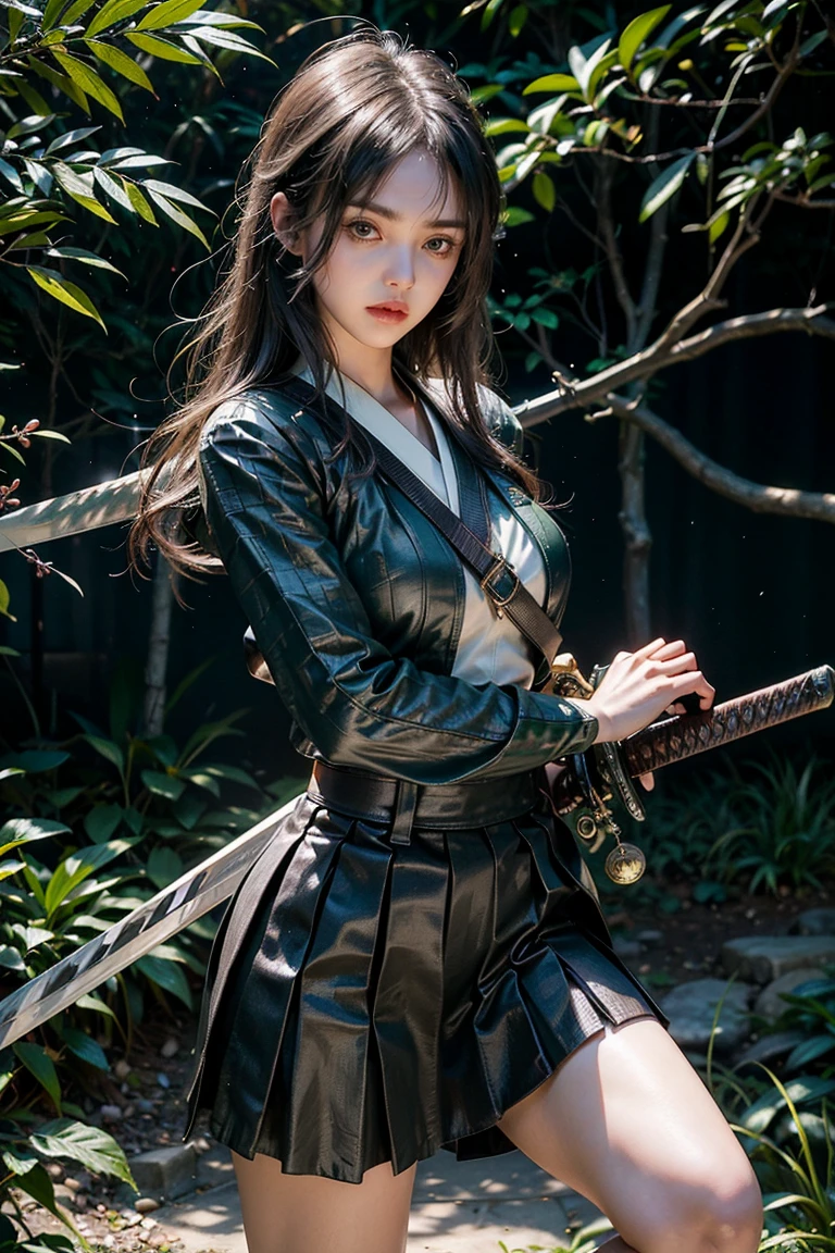8K,Close-up portrait of a person holding a sword in front of the full moon、A very beautiful cyberpunk female ninja、Black-haired mohawk、holding a katana、holding a katana、Inspired by Yoshigai Kano、woman samurai、Knives、large sword、demon samurai、from arknights、Ghost Beast Waiter、She with a sword、kunoichi、Dramatic Katana Wielding Pose、(tiny chest:1.4)